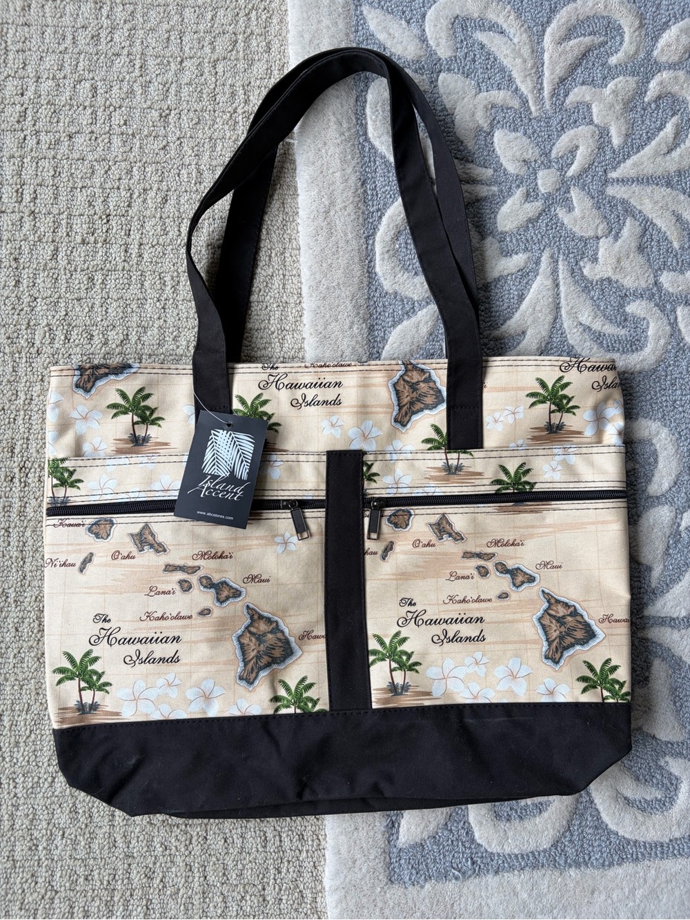 Hawaiian Islands Canvas Tote Bag in Beige and Black by